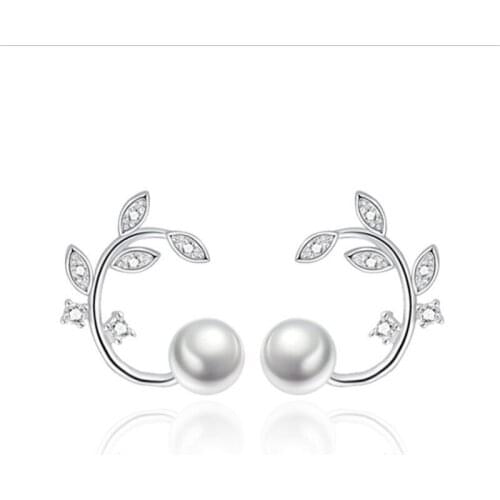 KOFSAC New Fashion 925 Silver Stud Earrings For Women Lady Wedding Party Top Quality Crystal CZ Leaf Pearl Earring Jewelry Gifts
