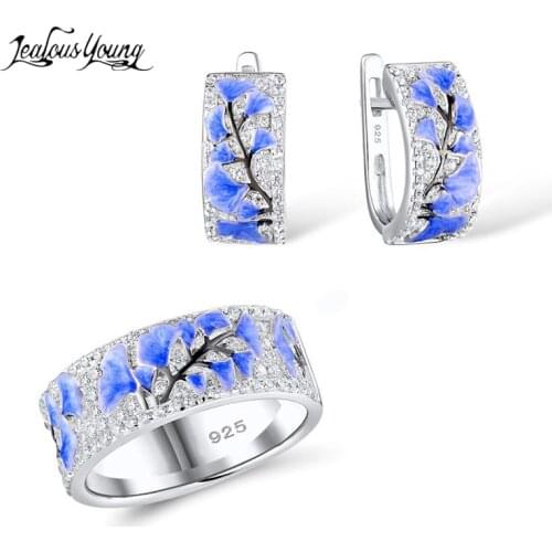 Blue White Flower Epoxy Ring and Earrings Sets for Women with Cubic Zirconia Party Wedding Jewelry Sets Fashion Jewelry Gift