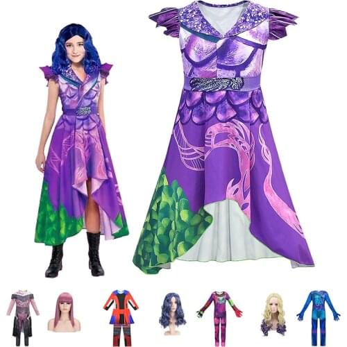 Girls Descendant 3 Mal Dress up Costume 3D Printed Cosplay Clothes Villain Evie Jumpsuit Kids Hallooween Disguise Dress and Wig
