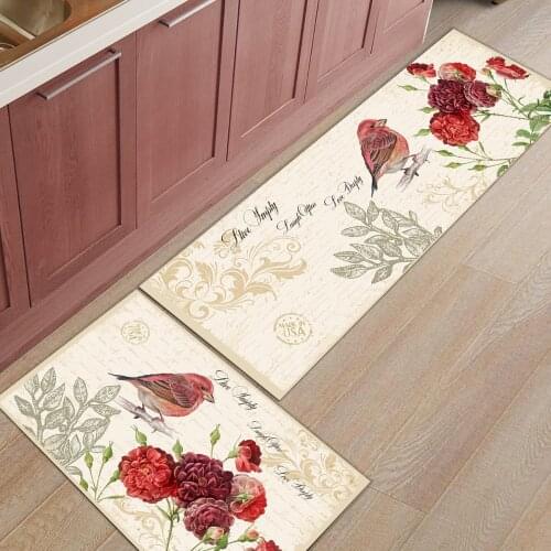 Red Bird Flower Retro Kitchen Rug Bedroom Entrance Doormat Home Floor Decor Carpet Bathroom Anti-Slip Rug
