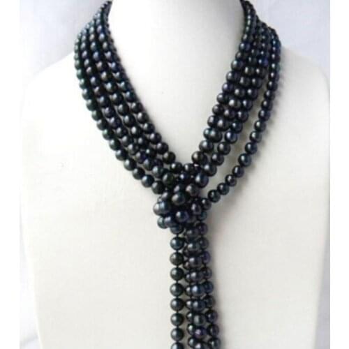 New beautiful Handmade Long 100" 6-7mm Round Black Freshwater Pearl Necklaces earring