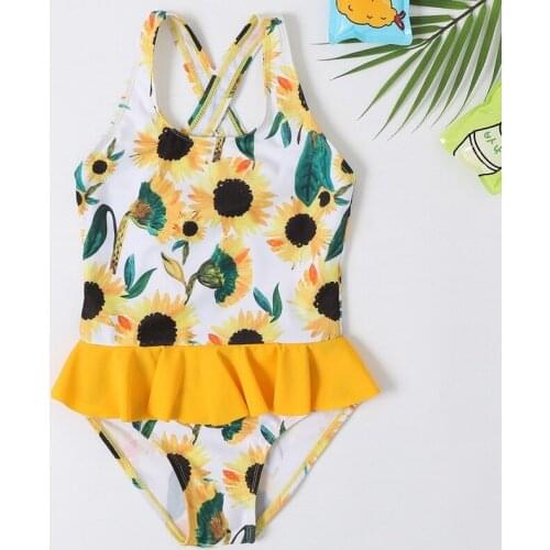 New Girls One Piece Swimsuit Baby Yellow Floral Swimwear Child Maiden Bathing Suit Cute Beachwear Infant Ruffle Triangle Bikini