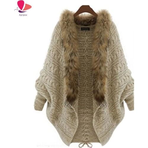New Winter Fashion Knitted Cardigan Women Bat Cape Shawl Collar Fashion Female Faux Fur Coats Overcoat Outwear