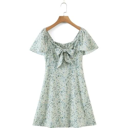 Evfer New Sprint Women Vintage Square Collar Floral Print Green Mini Dress Cute Lady Bow Bust Short Sleeve Slim Dresses Chic