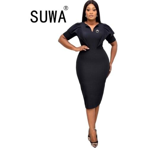 African Dresses For Women V-Neck Short Sleeves Solid Classy Elastic Office Lady Modest Female Elegant Vestidos