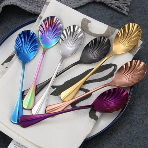 Multicolor Stainless Steel Coffee Tea Spoon Shell Dessert Ice Cream Drinking Tools Kithenware Mixing Scoop Western Dinner Suit