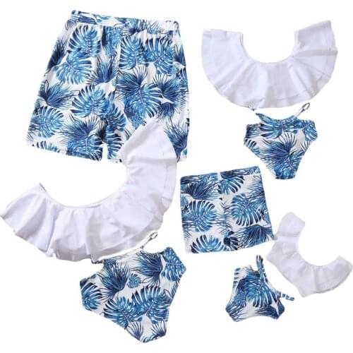 Family Matching Bikini Ruffle Swimwear Parent Child Family Parent-child Swimsuit Family White Scollop Leaf Edge Bikini Beach Set