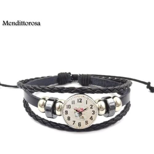 Mendittorosa Time pointer Vintage Cabochon Colorful Collar Black Leather Bracelet Bangle For Women