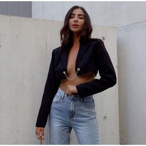 Women Punk Style Blazers Casual Metal Chain Black Suit Vintage Autumn Long Sleeve Blazer Korean Fashion Streetwear Cropped Tops