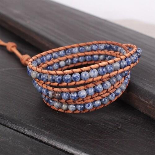 Real Blue Vein Stone Leather Wrap Bracelet for Women High End Bead Boho Natural Stone Bracelets Female Simple Handwork Jewelry
