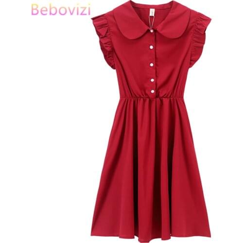 High Quality XS-XL Fashion Korean Solid Color Red Sweet Preppy Style Girls Dresses Student Baby Collar Summer Woman Midi Dress