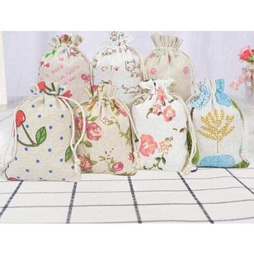 1/5/10/15pcs Jewelry Bags Printed Linen Cotton Bag Sachets For Jewelry Candy Storage Bag Christmas Drawstring Gift Jewelry Bags