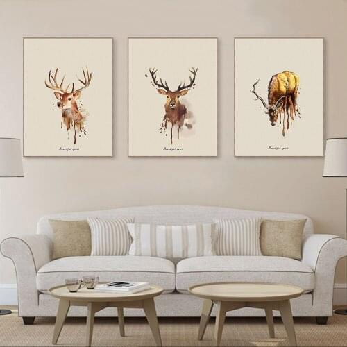 Watercolor Triple Elk Canvas Painting Beautiful Spirit Animal Print Posters Retro Nostalgic Bedroom Living Room Wall Art Decor