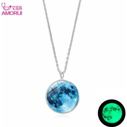 AMORUI Fashion 25mm Sky Blue Galactic Planet Glass Cabochon Luminous Pendant Necklace Silver Color Necklaces For Women Jewelry