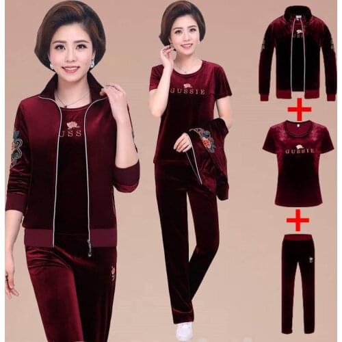 Velvet Tracksuit Women Three Piece Set Autumn Clothes Casual Velour Tracksuits Print Coat T-shirt Pants Suit Jogging Femme X512