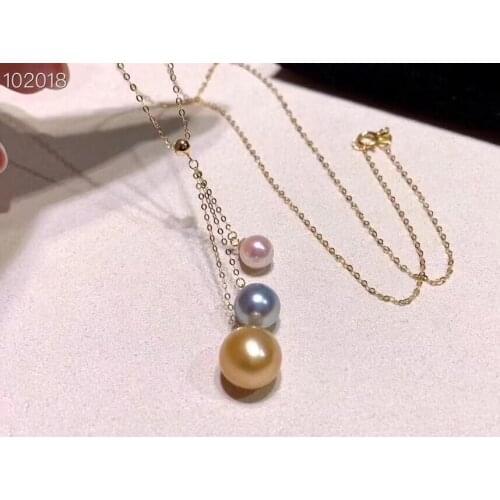 D1023 Pearl Necklace Fine Jewelry Solid 18K Gold Round 5-8mm Nature Fresh Water Golden and Green Pearls Necklaces for Women Gift