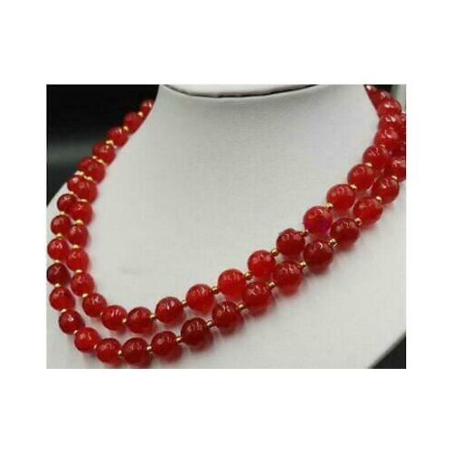 Long 32" 10mm Red Jade Round Gemstone Beads Necklace