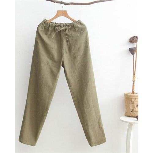 Long Pants Cotton Linen Male Chinese Kung Fu Trousers Mens Casual Straight Military green Tai Chi Clothing Elastic Waist