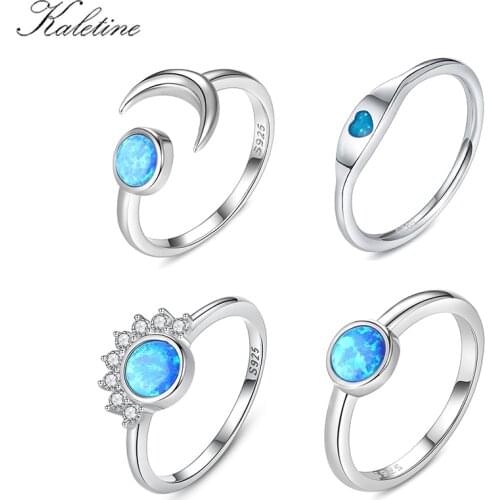 Kaletine 925 Sterling Silver Boho Midi Moon Heart Pearl Rings for Women Opal Crystal Finger Ring Female Wedding Jewelry Gifts