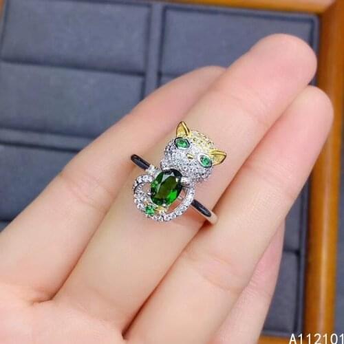 KJJEAXCMY fine jewelry 925 sterling silver inlaid natural diopside Womens trendy Chinese style cat ring support check