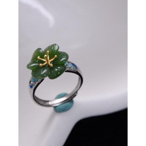 925 Sterling Silver Vintage Natural Green Stone Plum Inlaid Cloisonne Women Adjustable Rings