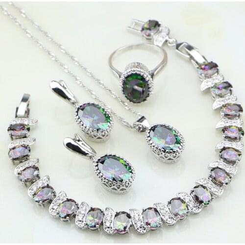 Crown Mystic Rainbow Zircon 925 Sterling Silver Bridal Jewelry Sets For Women Party Necklace/Earring/Pendant/Ring/Bracelet