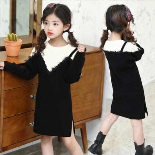 Lace Patchwork Girls Knit Sweaters Kids Dresses for Girls Winter Autumn Children Clothing Knitting Big Girls Dresses Black White