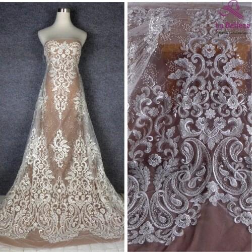 La Belleza 2021 ivory fashion bridal lace,Heavy beading lace fabric,silver beading wedding dress lace fabric 51'' width 1 yard