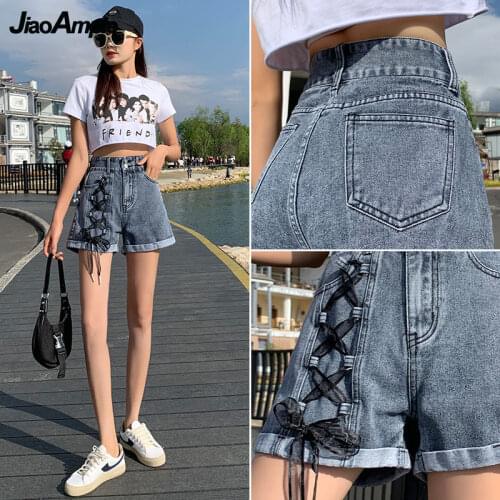 Summer Denim Shorts Womens High Waist Double Buckle Straps Flanging Sexy Jeans Korean All-match Trend Plus Size Shorts Pants