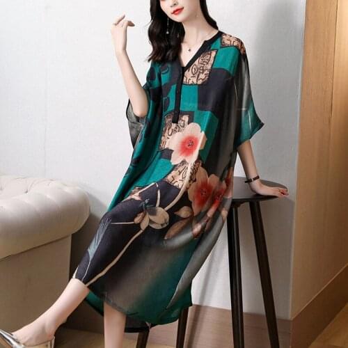 2021 Summer Print Mulberry Silk Maxi Dresses Casual Vintage M-4XL Plus Size Beach Midi Dress Women Elegant Slim Party Vestidos