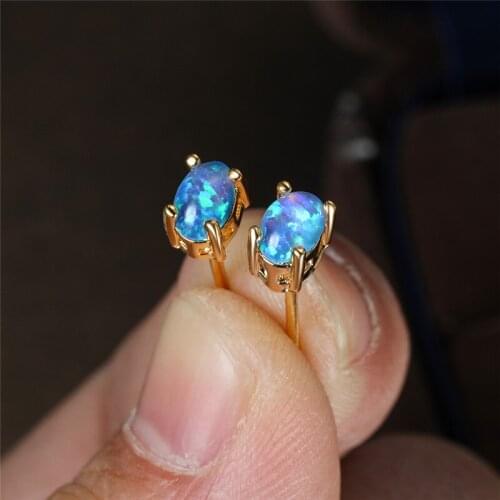 Cute Small Oval Stone White Blue Opal Stud Earrings For Women Wedding Jewelry Vintage Fashion Yellow/Black Gold Bridal Earrings