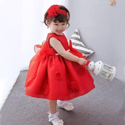 New Baby Red Flower Dress+headband,infant Girls Big Bow Flowers Princess Dress Birthday Wedding Dress Vestidos Infantil