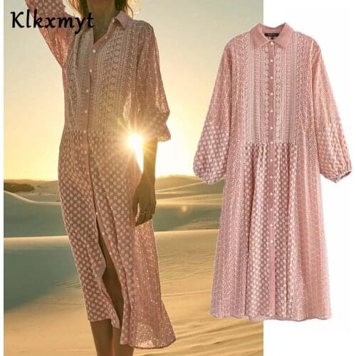 Klkxmyt Za Dress Women 2021 Embroidered Pink Beach Vestidos Summer Elegant Woman Midi Dresses Puff Sleeve Female Casual Dress