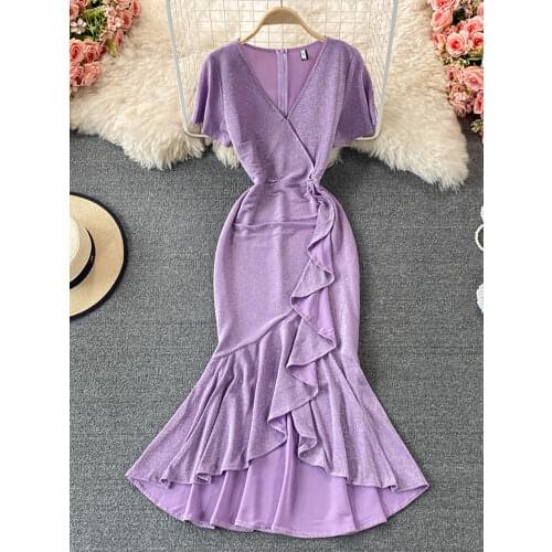Summer Women Irregular Bodycon Party Dress Sexy Purple/Blue/Black Ruffle Short Sleeve V-Neck High Waist Mermaid Vestidos 2021