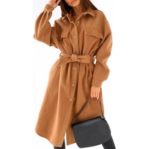 Dropshipping!! Women Oversize Coat Solid Color Single-breasted Autumn Winter Thick Lapel Belt Long Coat Overcoat for Office