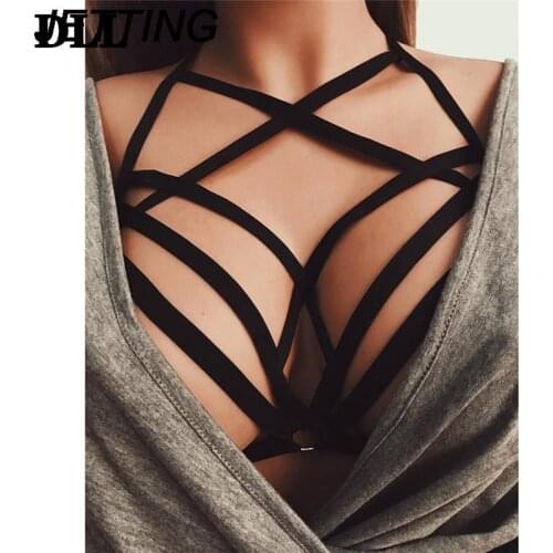 Sexy Goth Women Elastic Bandage Cage Hollow Out Strappy Halter Cupless Bra Bustier Crop Tops