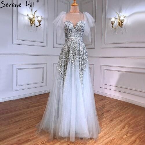 Serene Hill Luxury A-Line Grey Evening Dresses Gowns 2021 Beaded Detachable Sleeves For Women Party LA71354