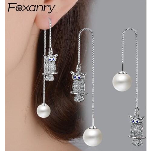 Foxanry Prevent Allergy 925 Sterling Silver Earring for Women Creative Elegant Sparkling Owl Zircon Pendant Bride Jewelry Gift