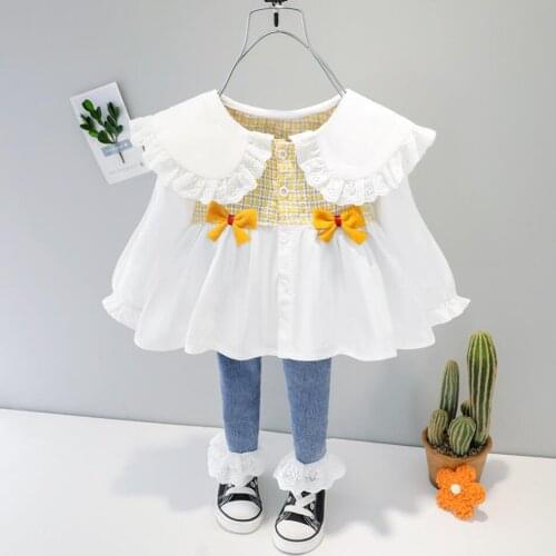 Spring Children Fashion Butterfly Doll Collar Shirt Dress Leggings Jeans 2Pcs Outfit Kids Baby Girls Clothes New Infant Sets
