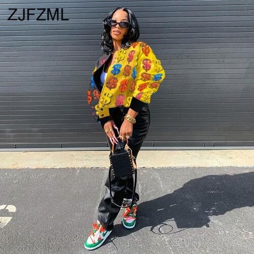 Color Block US Money Dollar Print Cropped Jackets Women Fashion Buttons Up Long Sleeve Outwear Streetwear Autumn Plus Size Coats
