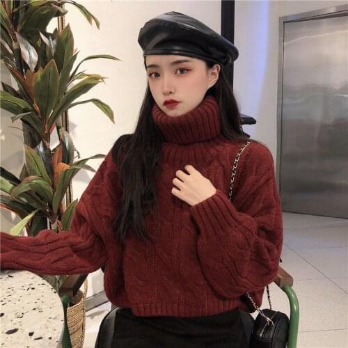 Woman Sweaters Pullover Cable-Knit Turtleneck Loose Outer Wear Thickened Autumn Winter Pullover Short Femme Chandails
