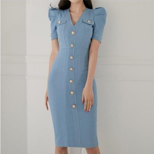 ZAWFL 2021 Summer New Vintage Short Puff Sleeve V Neck Single Breasted Buttons High Waist Long Denim Dress Women