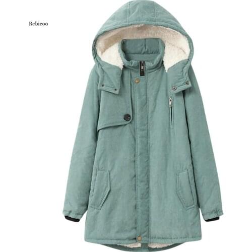 Large Size Womens Coat Fashion Winter Warm Pocket Button Zipper Female Jacket Long Sleeve Hoodie Coat Outwear Top