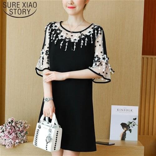 Blusas Plus Size Women Dress Casual 2021 O-Neck Lace Dress Elegant Flare Sleeve Office Lady Straight Patchwork Black Vestidos