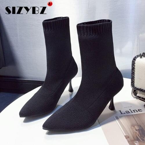 Winter Socks Boots Women Warm Stretch Fabric Elastic Stilettos Heel Sexy Pointed Ankle Boots Slip-On Shoes Woman Party Boats