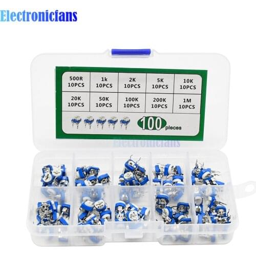 100Pcs/lot 10 Values RM065 500R 1K 2K 5K 10K 20K 50K 100K 200K 1M Adjustable Resistance Multiturn Trimmer Potentiometer With Box