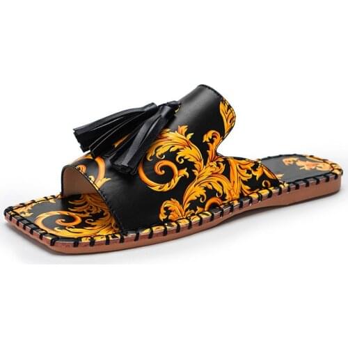 2021 Womens Sandals Fashion Tassels Summer Shoes Brand Beach Slides Retro Print Shoes For Women Flat Slipper Outdoor Sandals