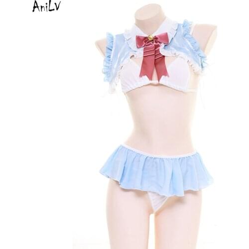 AniLV Japanese Anime Lolita Bunny Girl Maid Swimsuit Costume Cute Chiffon Bikini Swimwear Uniform Pool Party Cosplay