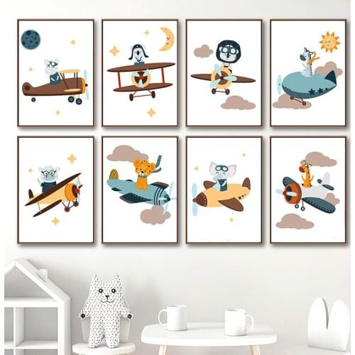 Aviator Elephant Ttiger Lion Koala Nursery Wall Art Canvas Painting Nordic Posters And Prints Wall Pictures Kids Baby Room Decor