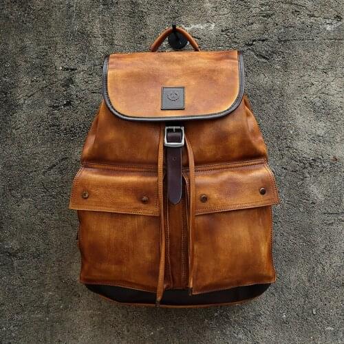 B6 Mens Cow Leather Backpack Large Capacity Travel Bag Genuine Leather Casual Bag Mens Military Tactical Assault Pack